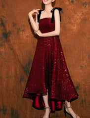 A-Line Bridesmaid Dress Spaghetti Strap / Strapless Sleeveless Elegant Asymmetrical / Ankle Length Sequined with Pleats - RongMoon