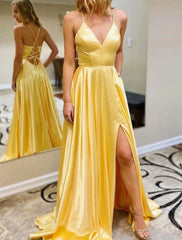 A-Line Prom Dresses Sexy Dress Formal Sweep / Brush Train Sleeveless V Neck Imitation Silk Backless with Slit