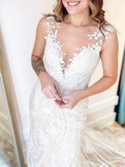 Hall Wedding Dresses Chapel Train Mermaid / Trumpet Sleeveless Jewel Neck Lace With Buttons Appliques - RongMoon