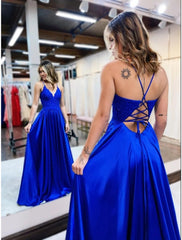 A-Line Prom Dresses Empire Dress Formal Wedding Guest Court Train Sleeveless V Neck Satin Backless with Beading Appliques