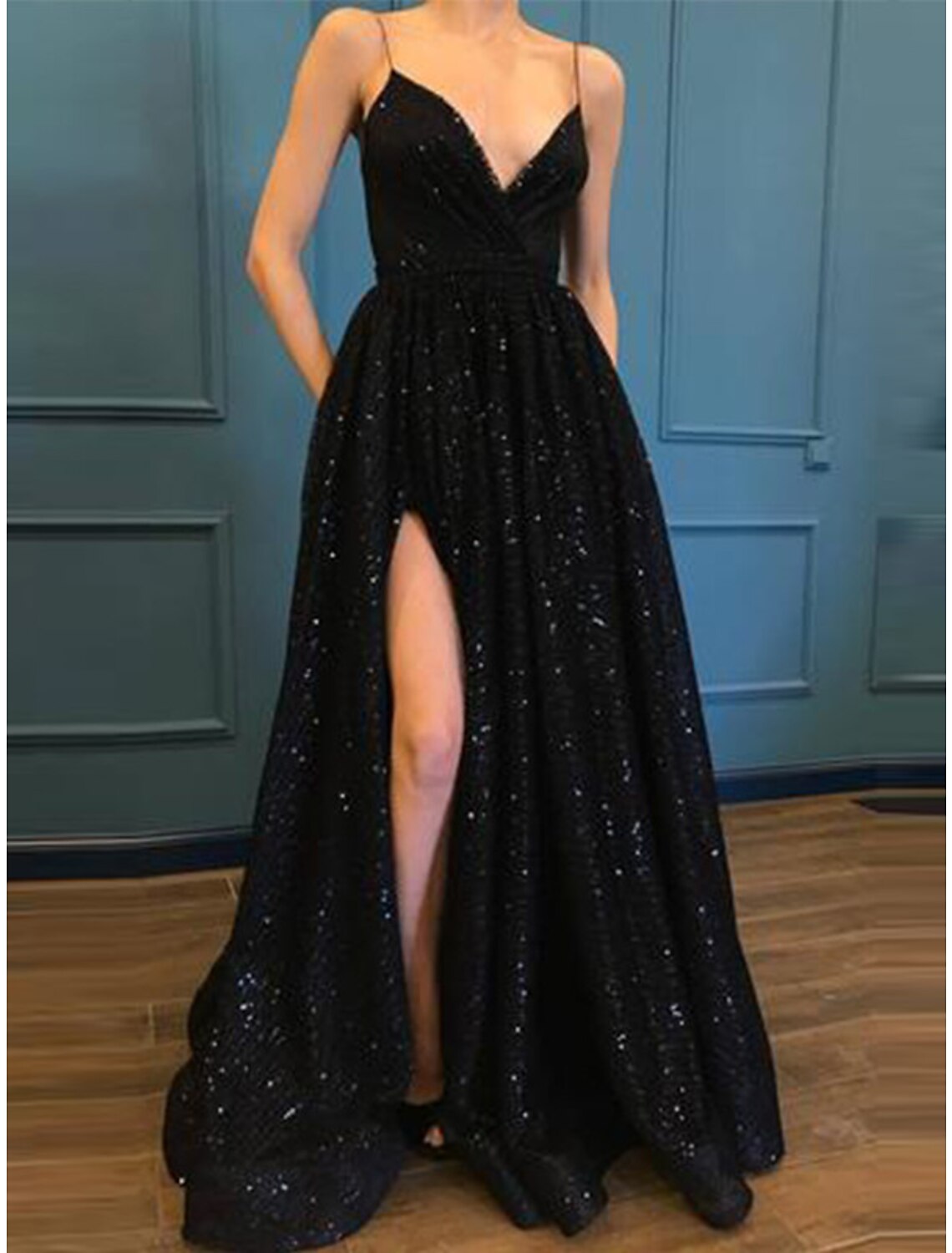 A-Line Prom Dresses Glittering Dress Party Wear Floor Length Sleeveless V Neck Sequined with Slit