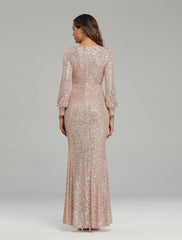 Mermaid / Trumpet Evening Gown Sparkle Dress Party Wear Wedding Guest Floor Length Long Sleeve V Neck Sequined with Sequin